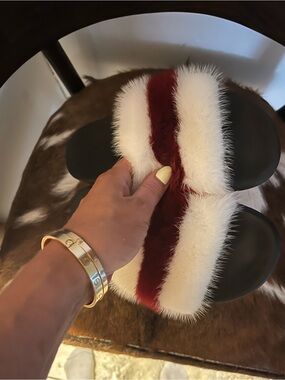 Givenchy Black Slides with White and Burgundy Fur Strap